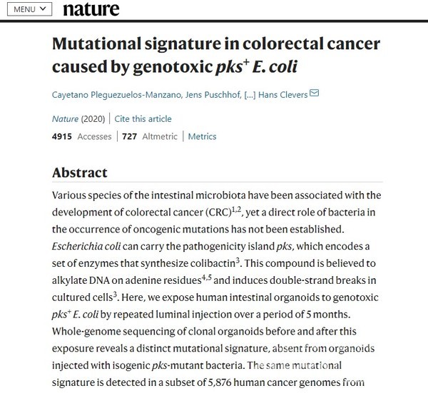 체내 대장균이 대장암을 유발한다는 연구결과가 나왔다./네이처 캡처.