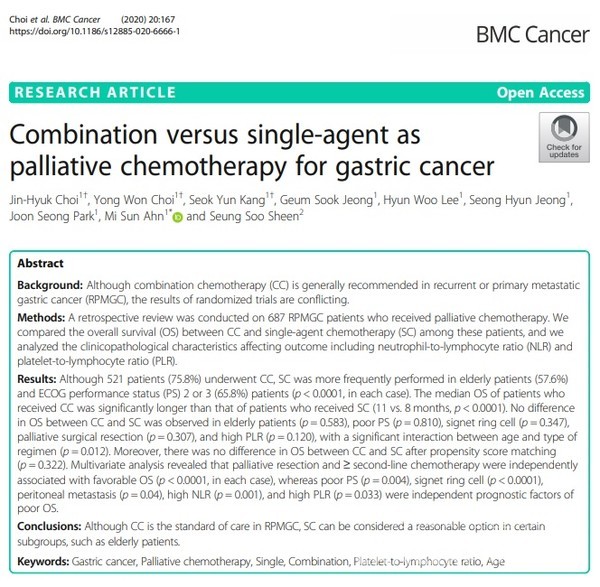 고령에 전신상태가 나쁜 전이·재발된 위암 환자는 '단일항암요법'도 효과를 볼 수 있다는 연구결과가 발표됐다. / BMC(BioMed Central) Cancer.