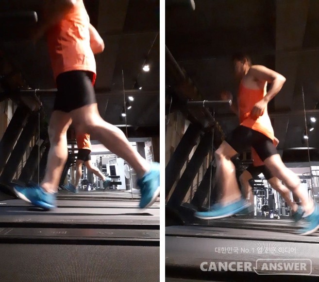 인터벌 훈련은 천천히 뛰다가 숨이 찰 만큼 질주하고, 또다시 천천히 뛰고, 또 질주하기를 되풀이하는 훈련법이다. 체육인들에게는 심폐기능 강화와 속도훈련이 되고, 일반인들에게는 뱃살을 줄여주는 최고의 다이어트 운동법이다. 사진은 기자가 헬스클럽 러닝머신에서 인터벌 훈련하는 모습. 왼쪽은 시속 10km의 조깅 상태. 발뒤꿈치 착지 달리기이고 오른쪽은 시곳 16km 질주로 발앞끝 착지 주법을 사용했다.  