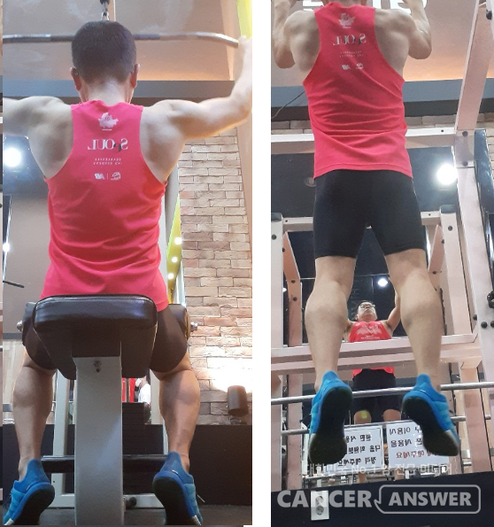 대표적인 등허리운동 2가지, 랫풀다운(왼쪽)과 턱걸이. 등허리 즉 척추부위를 긴장시킨 뒤 등근육을 중심으로 잡아당기는 운동이다. 견갑골 주변의 광배근과 등허리 척추기립근의 긴장을 유지해야 한다. 