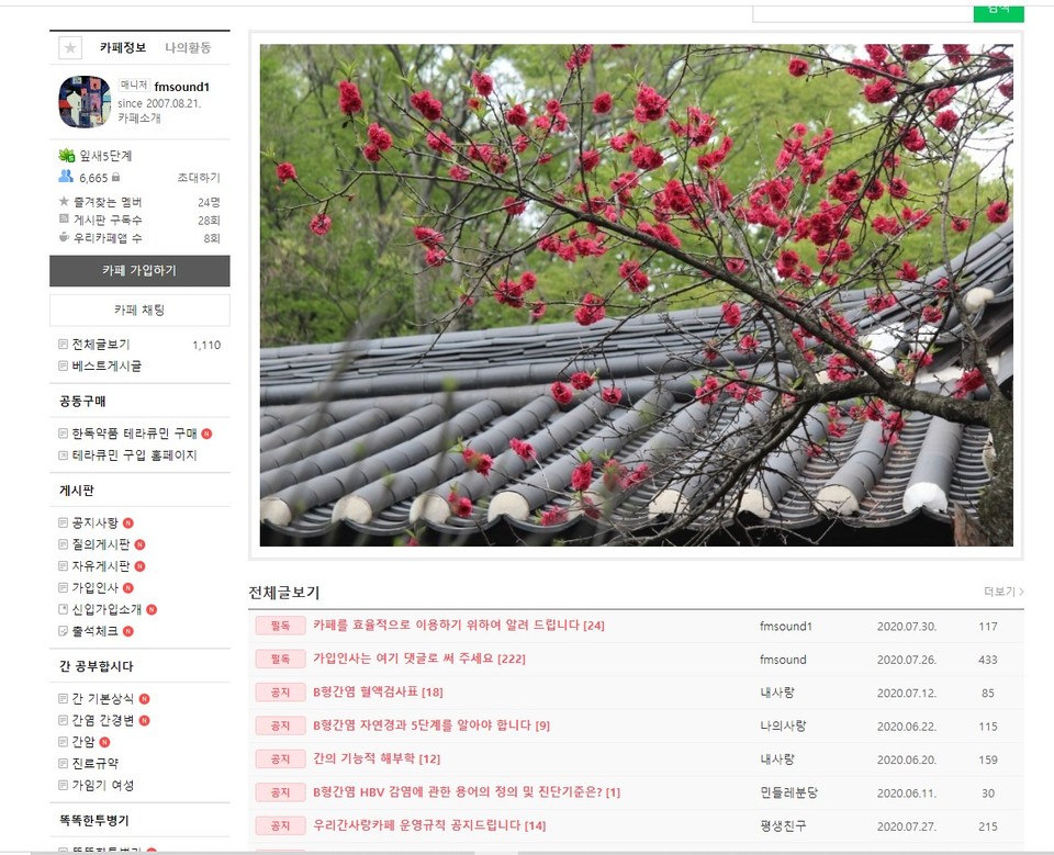 민경윤 씨가 운영하며 환우들과 정보를 나누고 있는 네이버 카페 '우리간사랑'.