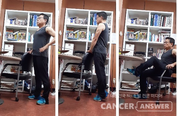 근력저축운동 동작들. 왼쪽부터 기둥세우기, 까치발들기, 반올림다리들기.