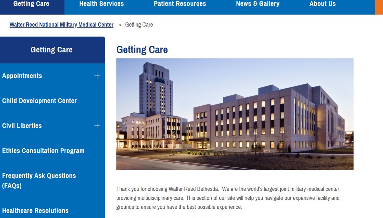 미국 대통령들의 치료병원인 월터리드 육군병원 홈페이지.