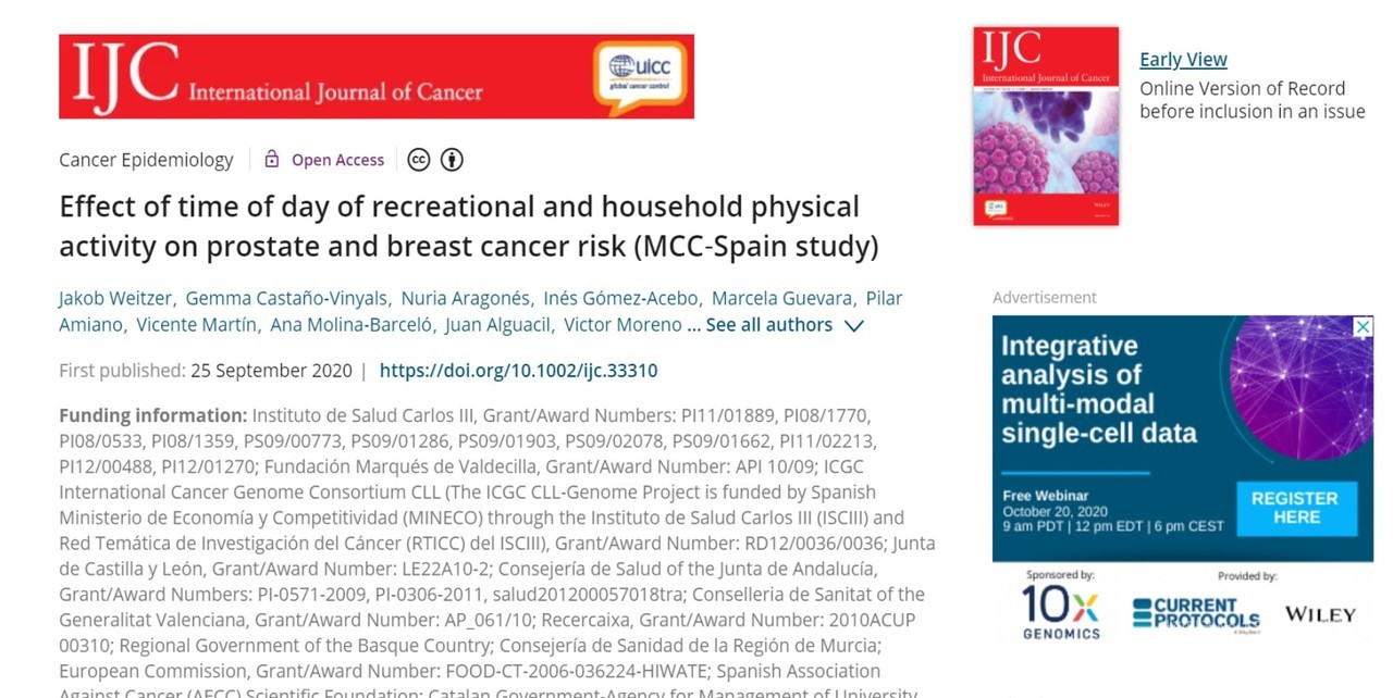 시간대별 운동이 암 발병에 서로 다른 영향을 미친다는 첫 실증적 연구결과가 발표된 '국제 암 저널' 인터넷판.