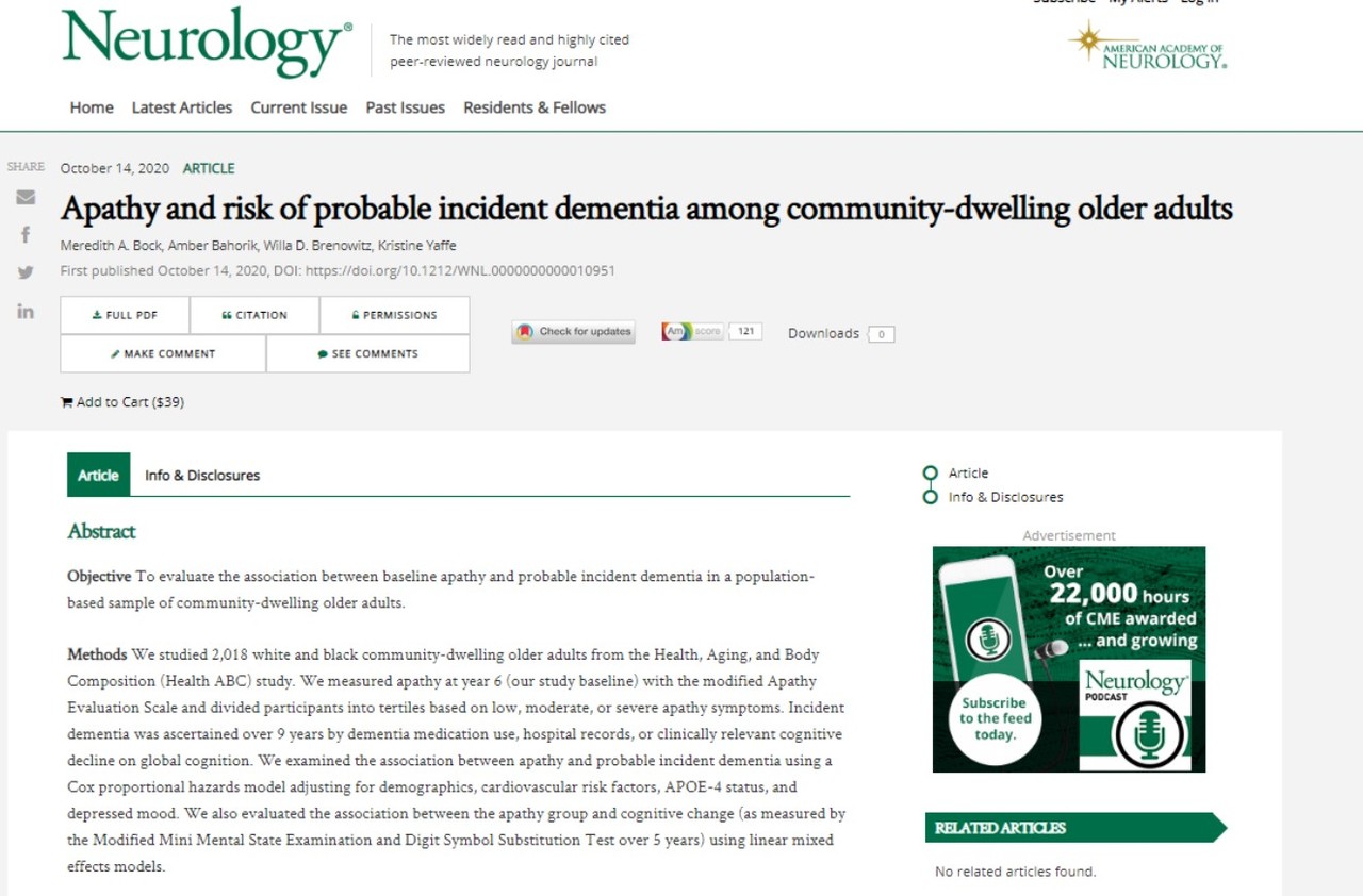 지나친 무관심은 초기 치매의 한 징후일 수 있다는 연구결과가 나왔다. 무관심이 심한 사람들의 치매 발병률이 훨씬 높게 나타났다. / Neurology 온라인판