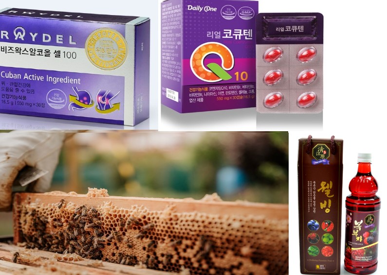 항산화 기능이 있는 원료로 제작된 제품들. 벌집의 밀납에서 추출한 비즈왁스알코올 등 다양한 제품들이 있다.