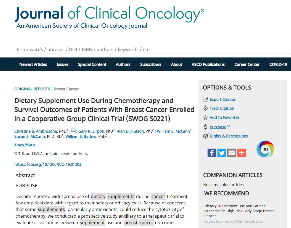 영양보충제와 유방암의 악화에 대한 추적조사 결과를 발표한 '미국 임상 종양학 저널'.