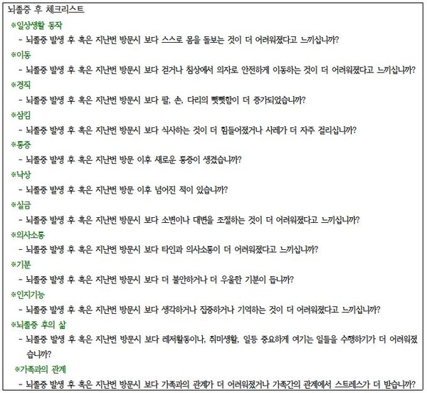 뇌졸중 후 체크리스트. /자료제공=분당서울대병원