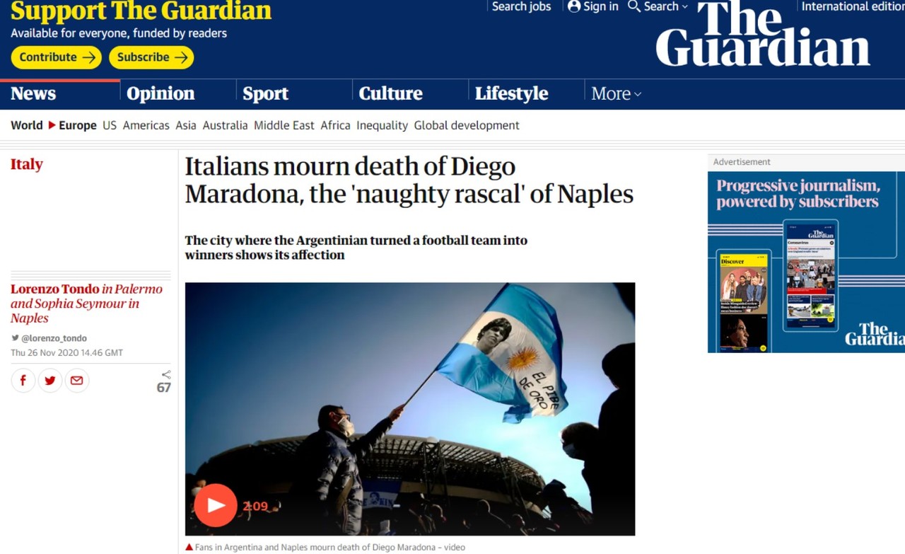 세계적 축구스타 마라도나의 사망 원인과 생애, 아르헨티나와 이탈리아 사람들의 반응을 전하고 있는 외신들.