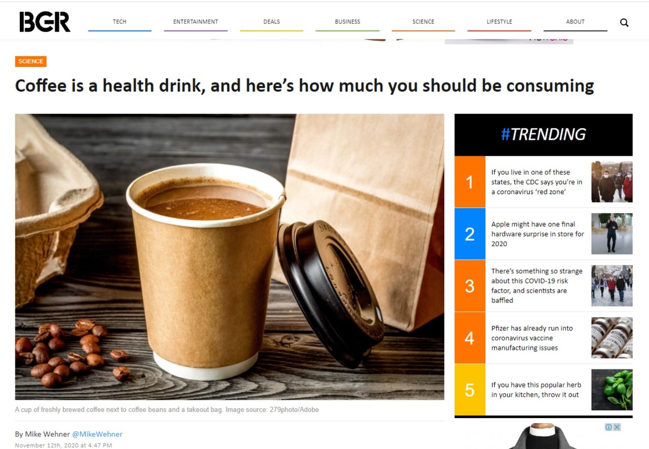 커피의 항산화 효과 등 건강 효과가 발휘되는 한계치로 미국 과학자들은 '하루 400mg의 카페인', 즉 5잔의 커피라고 밝혔다. 이 내용을 담은 기사가 미국 BGR에 실렸다.