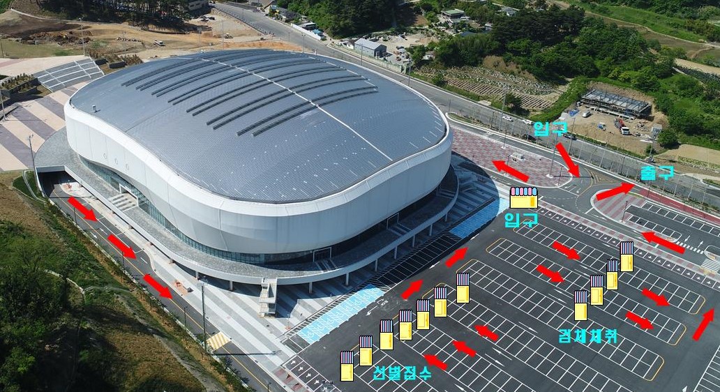 강릉아이스아레나 주차장에 마련된 선별진료소 출입 및 검사 방법. / 강릉시 제공