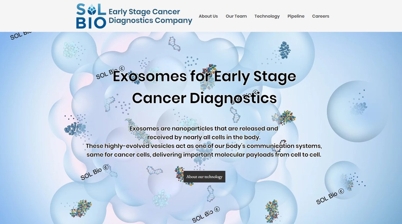 혈액 5방울로 30분만에 전립선암 1~2기를 95% 수준의 정확도로 검진할 수 있는 기술을 개발한 솔바이오 홈페이지. 엑소좀 진단기술로 암을 발견해내는 방법을 소개하고 있다.