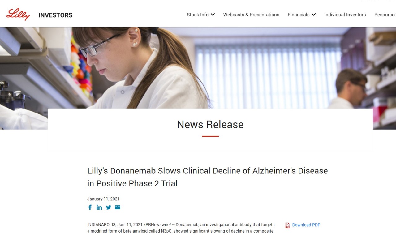 알츠하이머 치료제 도나네맙이 임상2상에서 치매 증상 진행을 32% 늦추는데 성공했다고 발표한 미국 제약사 일라이 릴리의 홈페이지.