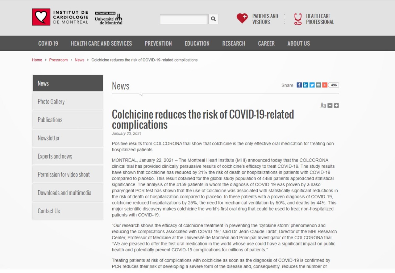 통풍 치료제 '콜키신'이 코로나19 치료에 도움이 된다는 캐나다 연구팀 연구결과가 발표됐다.