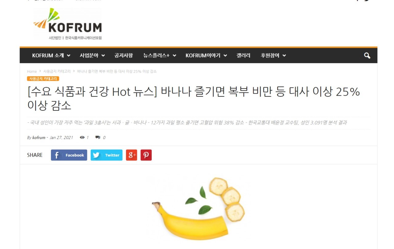 바나나의 성인질환에 대한 효능을 규명한 연구가 발표된 한국식품커뮤니케이션포럼 홈페이지.