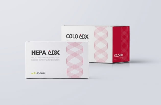 젠큐릭스의 간암 조기진단(HEPA_eDX)과 대장암 조기진단(COLO_eDX) 제품.