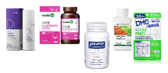 시중에 나와있는 체지방 감소에 영향을 줄 수 있는 기능성원료들을 사용한 제품들.