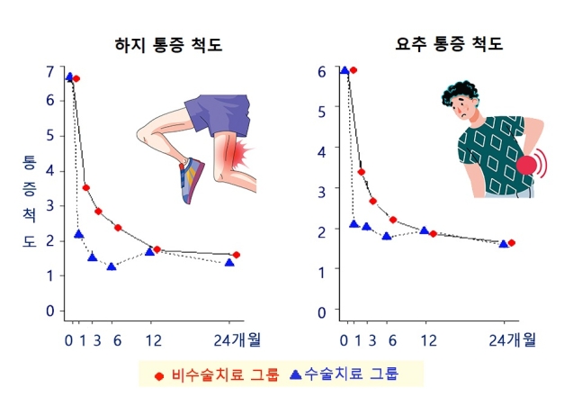  1개월에서 하지 및 요추 통증 유의하게 호전, 24개월에는 수술과 비수술 치료 효과 차이 없음을 보여주는 그래프. / 서울대병원 제공