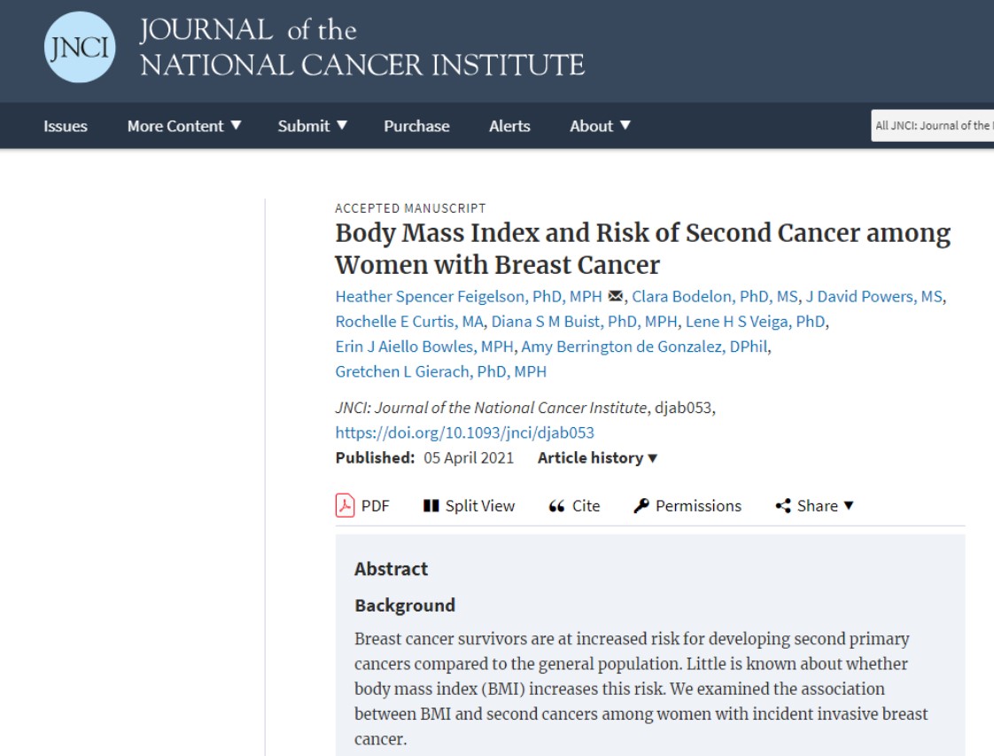 유방암 환자가 비만일 경우, 치료 후에도 2차 암 발생 가능성이 높아진다는 연구결과가 실린 미국 국립암연구소 학술지.