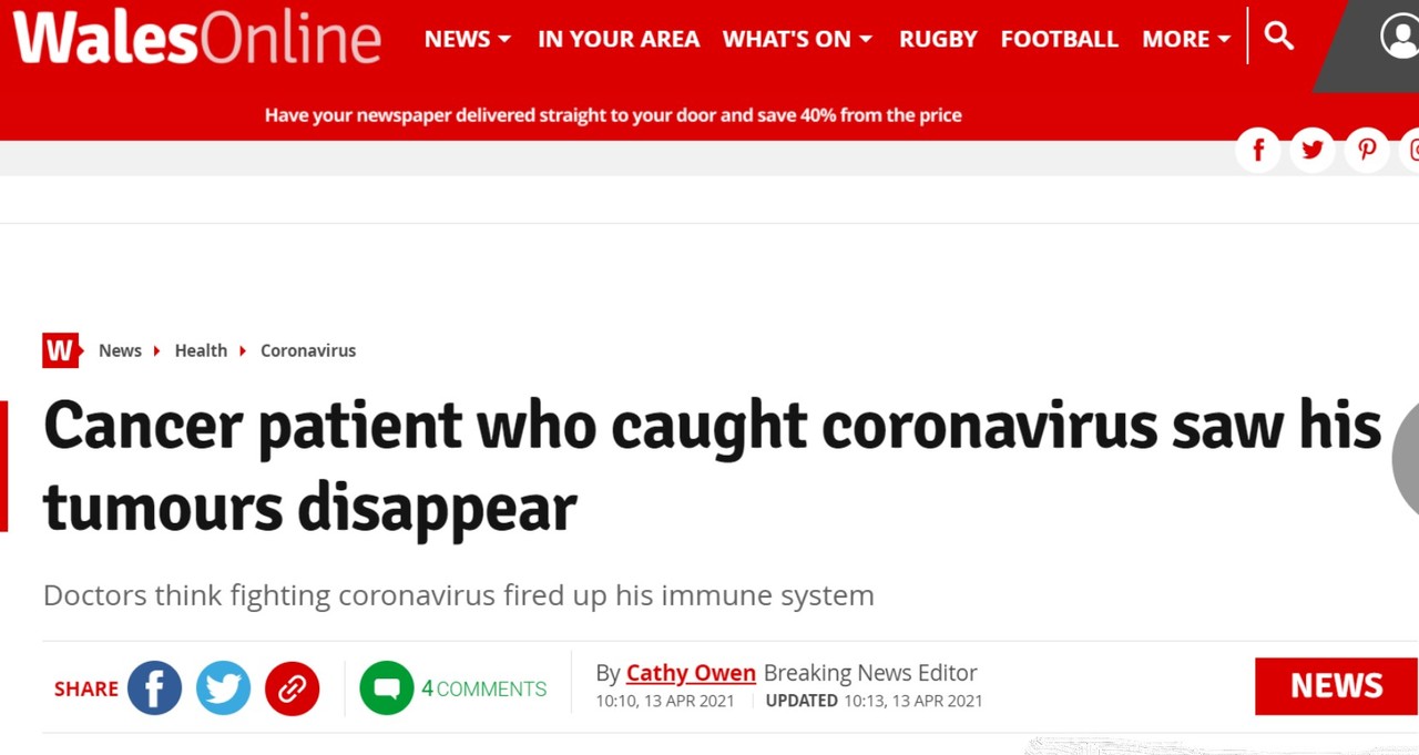 영국에서 코로나19를 치료했더니 혈액암이 사라진 케이스와 다른 나라의 몇몇 비슷한 케이스를 보도한 '웨일스 온라인'.