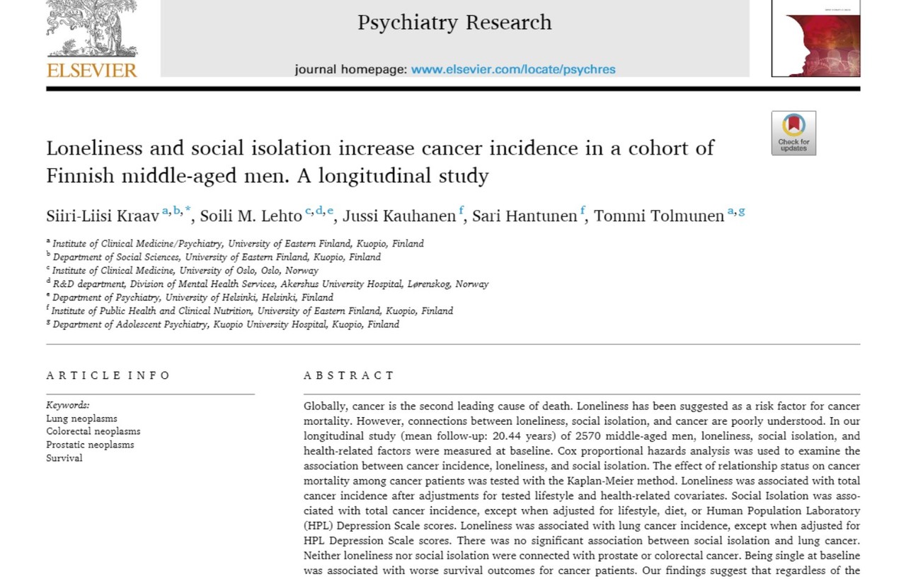 외로움이 중년 남성의 암 발병을 늘인다는 연구결과가 발표된 'Psychiatry Research' 최근호.