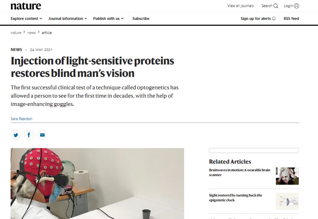 빛에 반응하는 해조류의 유전자를 이식해 시력의 일부를 회복시킨 연구결과가 실린 '네이처 메디슨(Nature Medicine)지'.