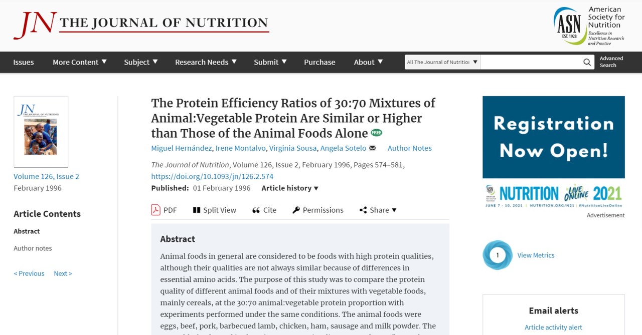 동물성 단백질 30%, 식물성 단백질 70%의 비율로 단백질을 섭취했을 때, 동물성만을 섭취한 경우보다 단백질 효율이 높거나 비슷하다는 연구가 실린 '영양학 저널(Journal of Nutrion)'.