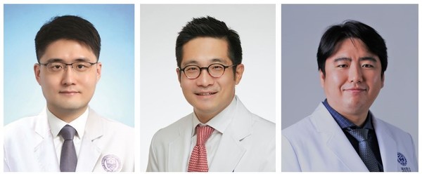 ​.​​.4기 비소세포폐암 환자에게 표적항암제를 투여하면서 수술을 할 경우 생존율을 높일 수 있다는 연구 결과를 발표한 연세암병원 홍민희, 박성용, 박병조 교수(왼쪽부터)./세브란스병원 제공 