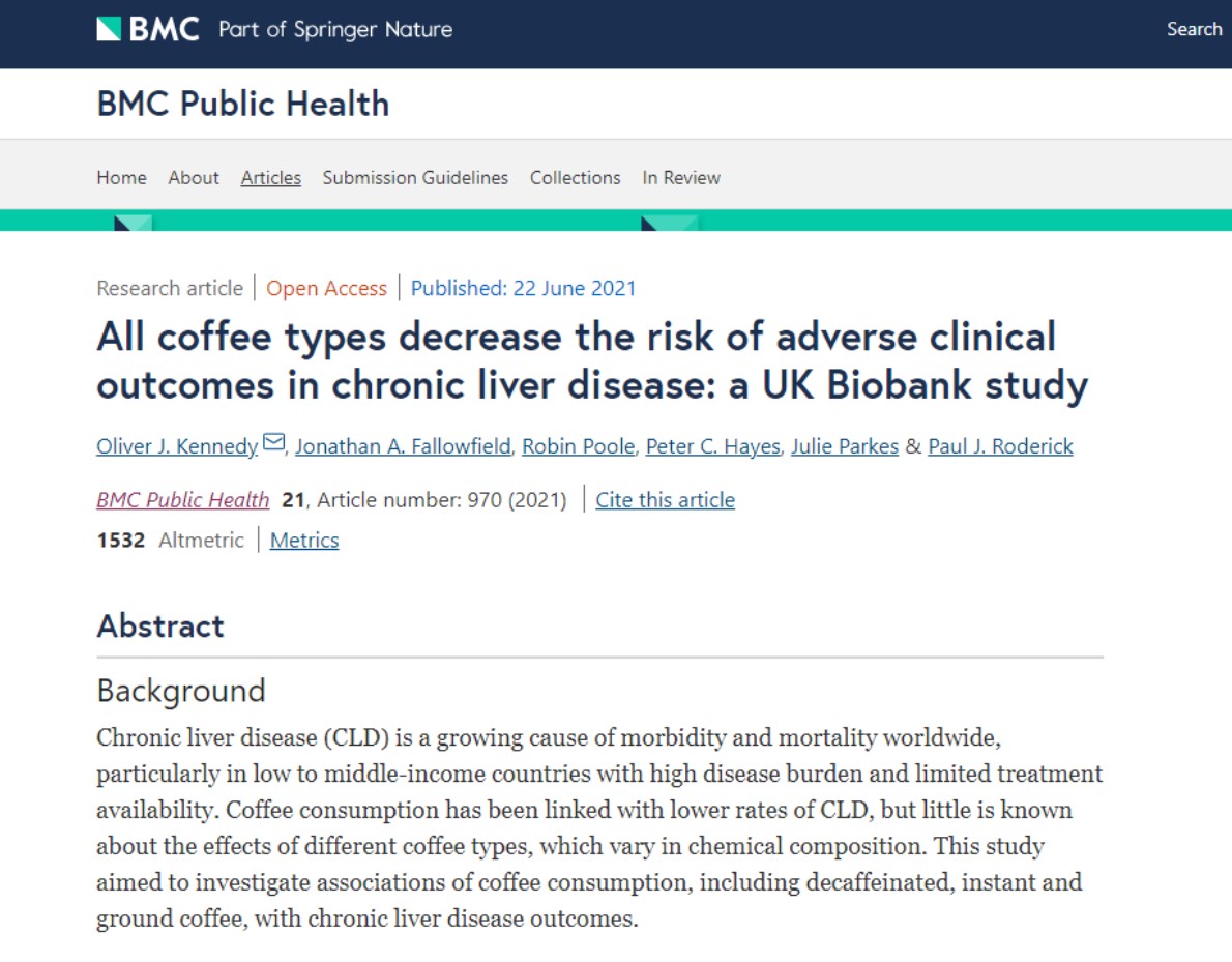 '봉지커피'를 포함해 모든 커피가 간 건강에 도움이 된다는 연구가 실린 'BMC 공중보건' 최근호.