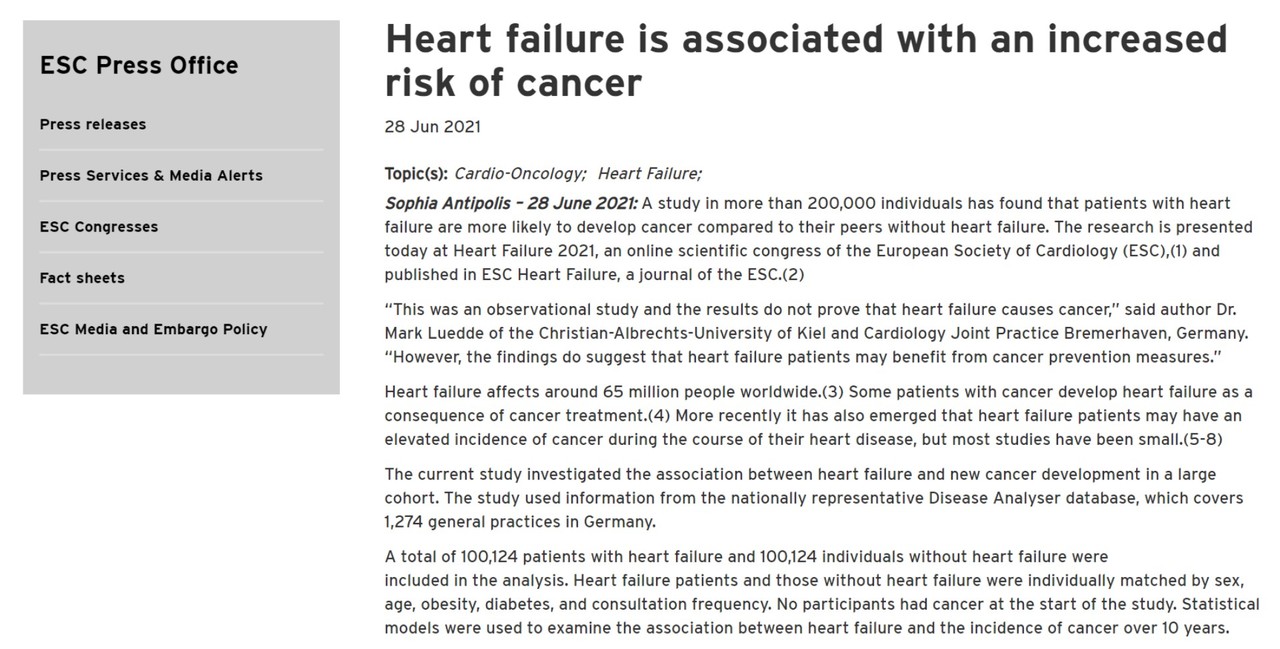 독일 연구팀의 심부전-암 관계에 대한 연구 결과가 소개된 'ESC Heart Failure'.