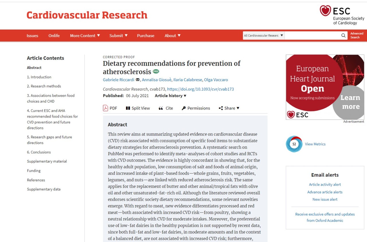 채식 위주로 심장건강을 지키는 식단을 소개한 논문이 실린 유럽심장학회 학회지 'Cardiovascular Research'.