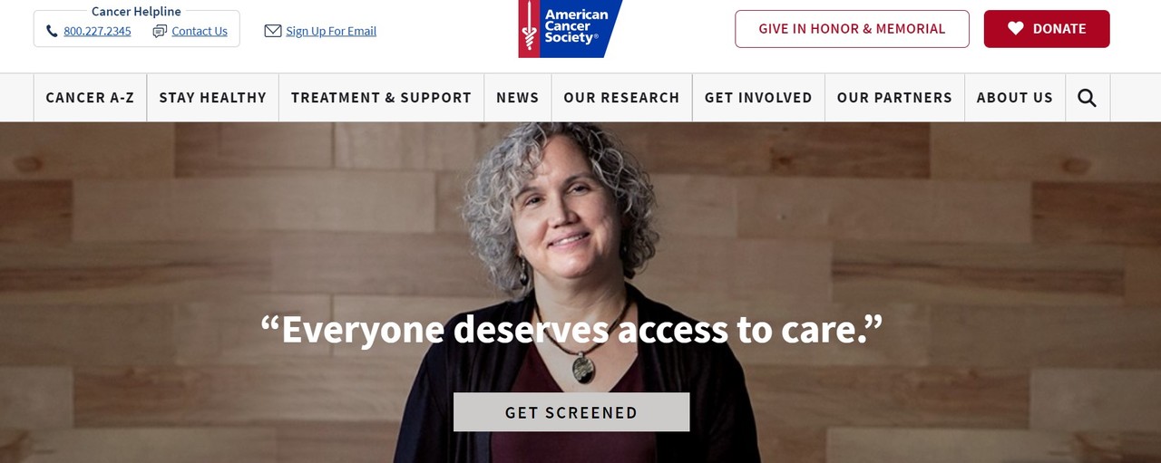 암의 조기 진단과 기부를 권장하는 내용을 담고 있는 미국 암협회(ACS)의 홈페이지.