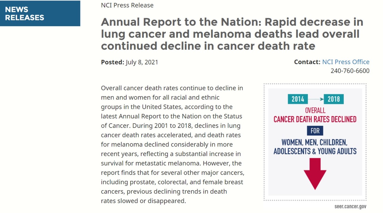 몇몇 암은 발생률이 높아지고 있긴 하지만, 모든 암의 사망률이 낮아지고 있으며 특히 폐암과 흑색종은 사망률이 급격히 낮아지고 있다는 연례보고서를 발표한 미국 국립암연구소(NCI) 홈페이지.