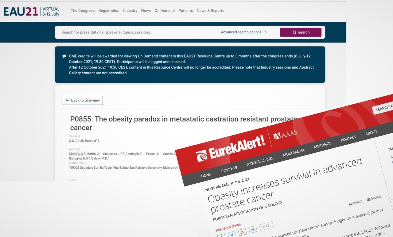 전립선암 환자를 대상으로 한 '비만의 역설'을 발표한 유럽비뇨기학회(EAU21)의 홈페이지와 이 연구결과를 보도한 건강전문 매체 'EurekAlert!'.