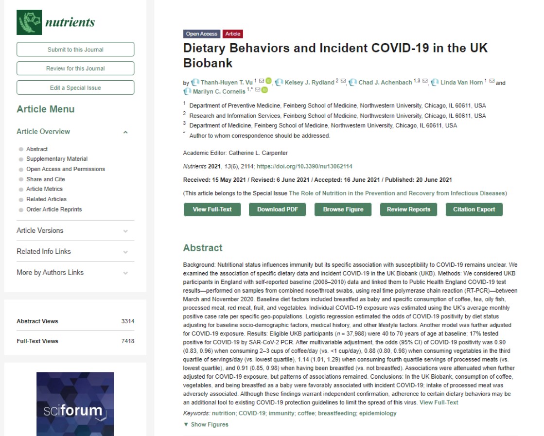 커피를 마시거나 채소를 먹는 것은 면역력을 강화해 코로나19 감염을 낮출 수 있다는 연구결과가 발표된 국제학술지 '뉴트리언츠(Nutrients)'.