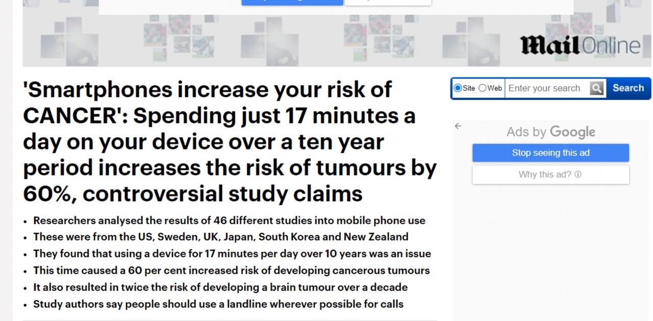 스마트폰을 하루 17분씩 10년간 사용하면 암 발생 확률이 60% 상승한다는 연구결과를 보도한 '데일리 메일' 온라인판.