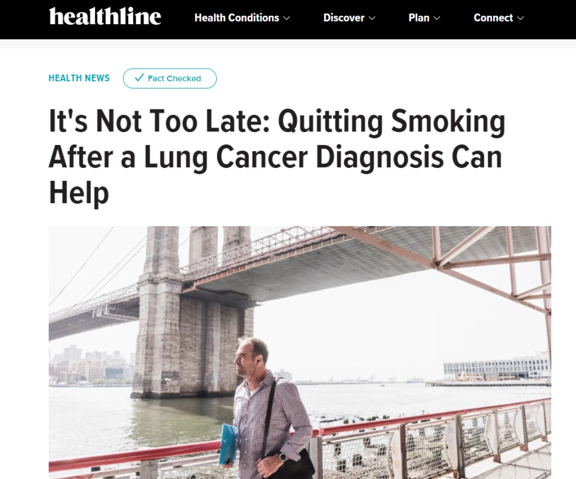 폐암 진단 후 금연을 하면 생존기간이 늘어나고 다른 합병증도 줄어든다는 연구 결과를 소개한 '헬스라인(Healthline)'.