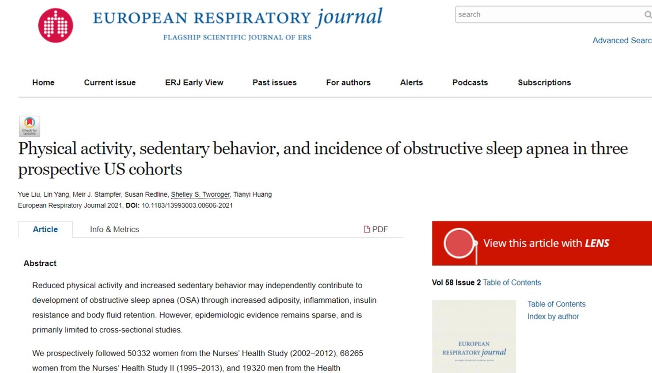 신체활동이 줄어들고 TV시청과 앉아있는 시간이 늘어나면, 수면무호흡증과 몇몇 성인병을 유발할 수 있다는 연구결과가 실린 '유럽호흡기저널(European Raspiratory Journal)'.