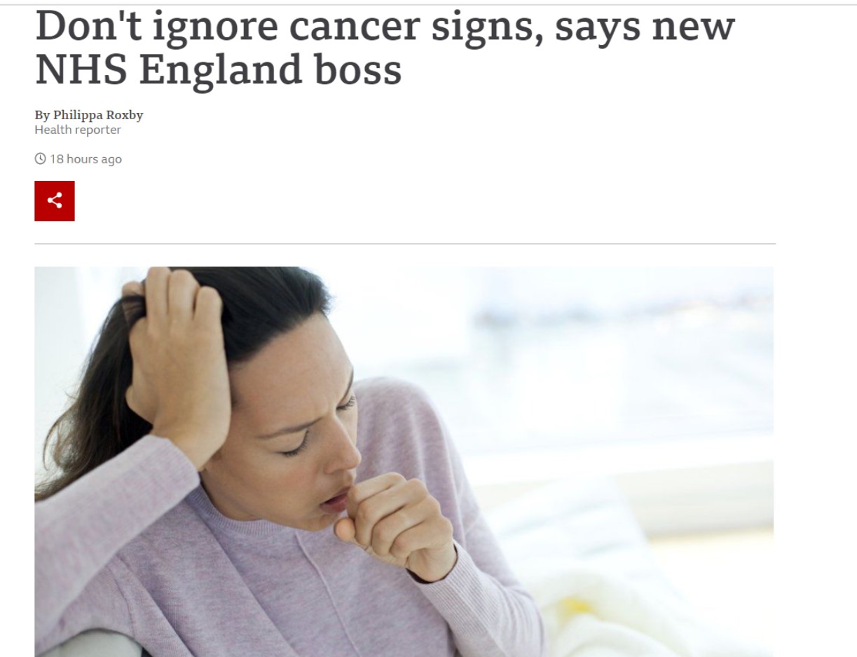 영국 BBC 인터넷판은 복통이나 기침이 별이유 없이 지속되면 암의 전조 증상일 수 있으므로 전문의의 진단을 받아봐야 한다는 영국 건강보험 측의 권장사항을 보도했다.