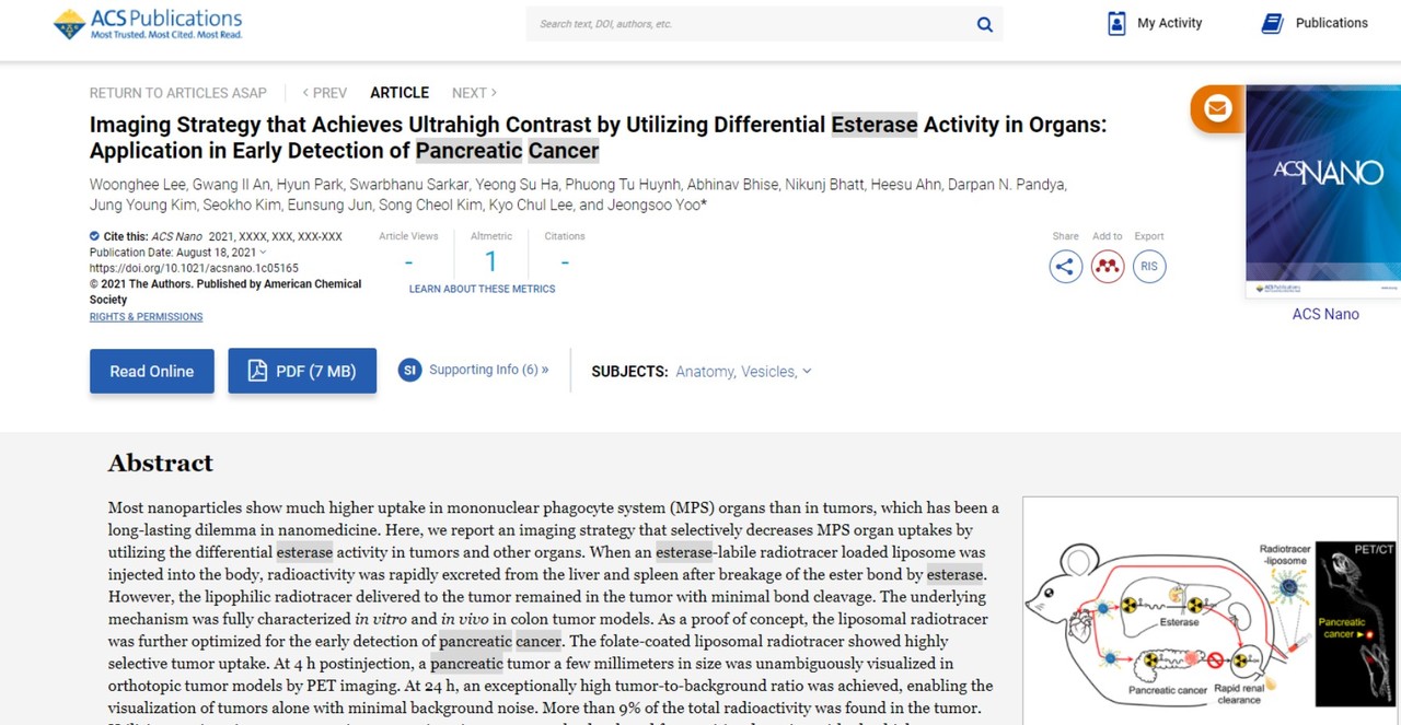 췌장 이외의 다른 장기들의 영상 백그라운드 노이즈 없이 췌장암만 뚜렷하게 촬영 가능한 췌장암 진단법을 개발한 연구결과가 게재된 'ACS Nano' 온라인판.