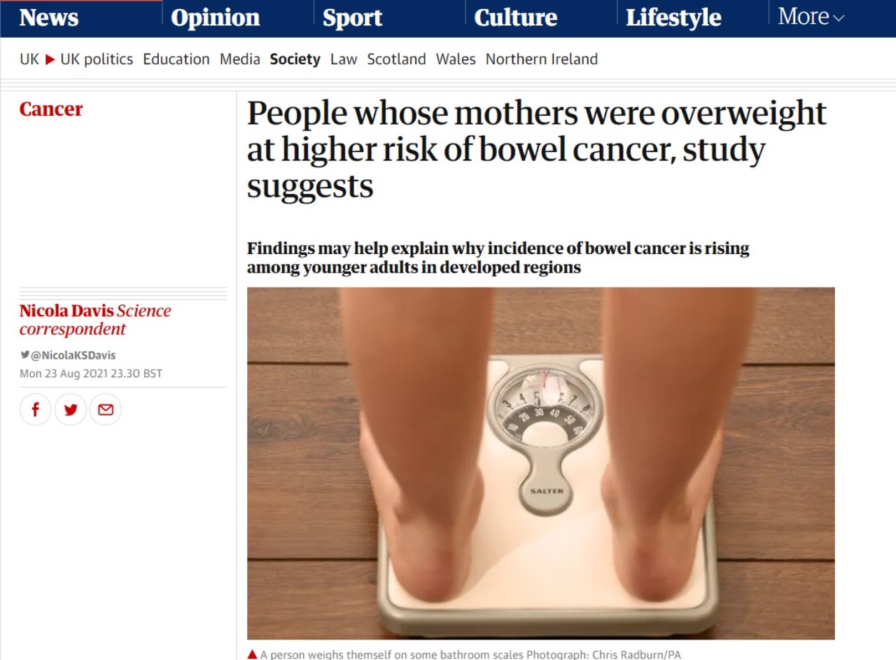 임신 중 과체중이거나 비만인 경우 자녀가 성인이 된 뒤 대장암에 걸릴 확률이 높다는 연구결과를 보도한 영국 일간지 'the Guardian'.