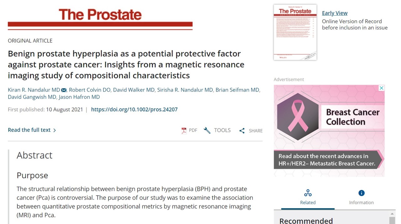 전립선비대증과 전립선암의 상관관계에 대한 연구결과가 실린 'The Prostate'.