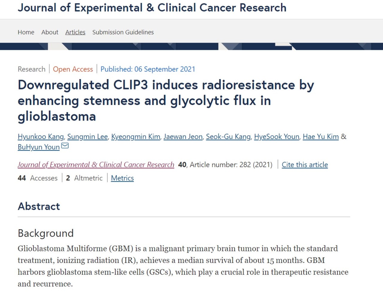 당뇨병 치료제 글리메피리드가 암 줄기세포를 억제해 암의 재발을 막는 효과가 있다는 연구결과가 실린 'Journal of Experimental ＆ Clinical Cancer Research'.