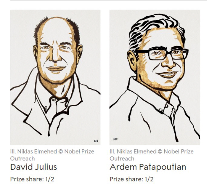 노벨 생리·의학상 수상자 데이비드 줄리어스, 아르뎀 파타푸티안 교수. / 노벨상 홈페이지