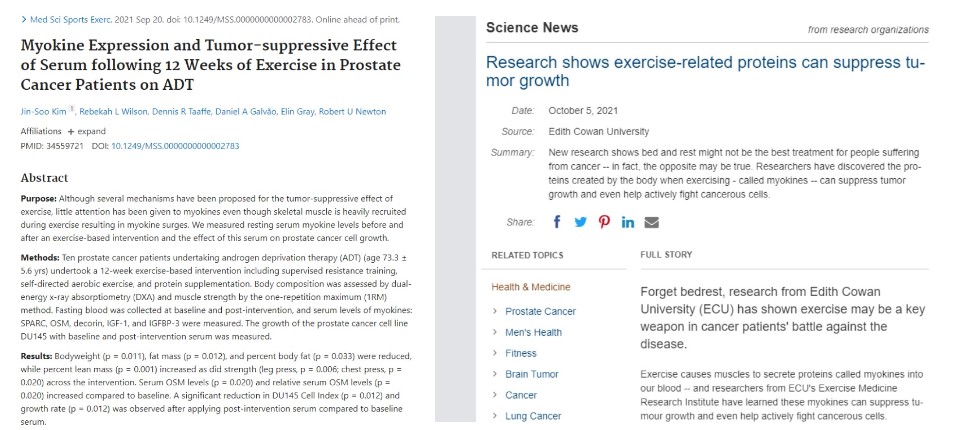 비만 전립선암 환자에게 운동을 시켰더니 전립선암의 진행이 억제됐다는 연구가 실린 'Medicine and Science in Sports and Exercise' 최근호와 그 연구결과를 발표한 'Science Daily'.