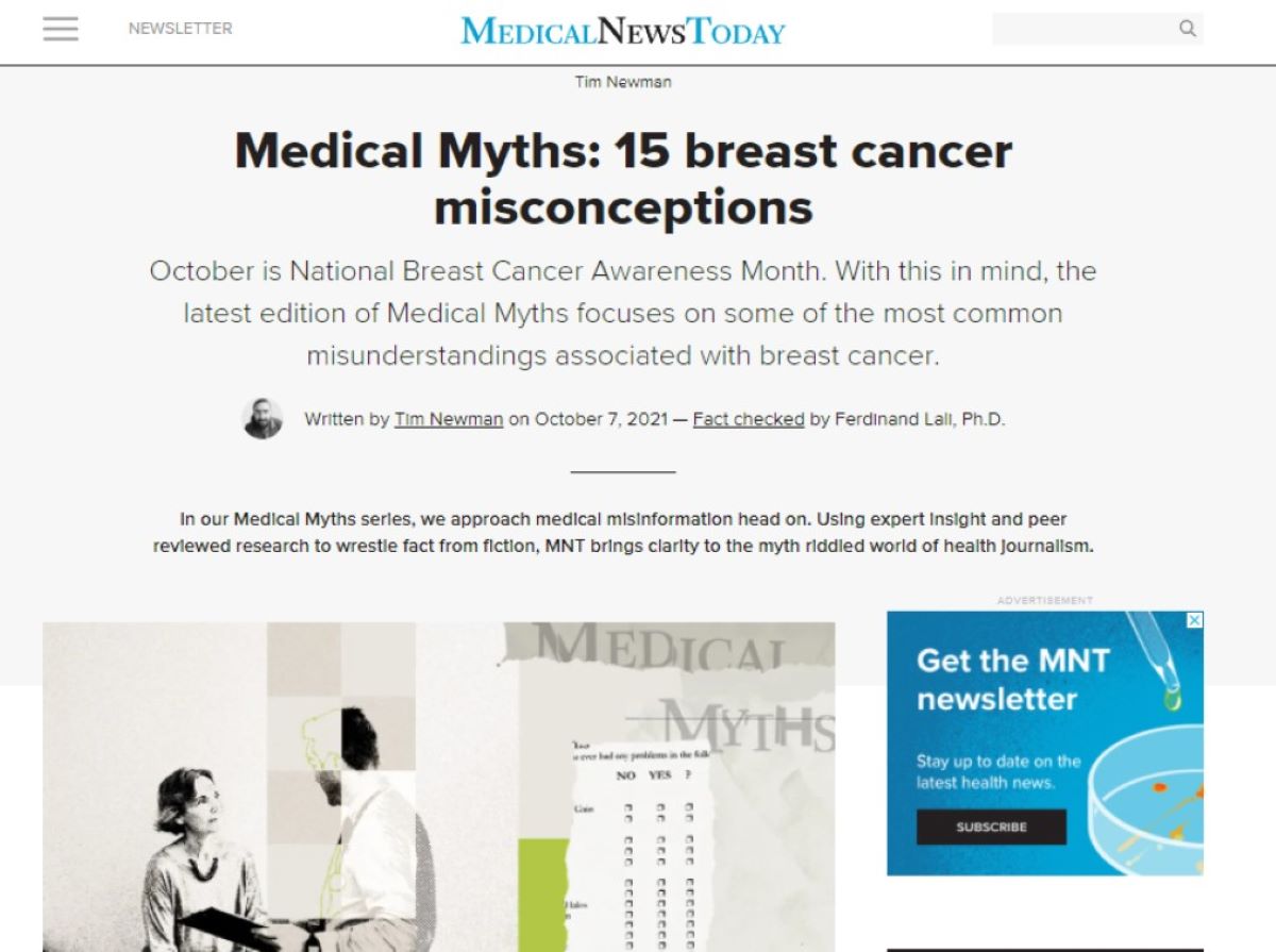 수많은 사람들이 걸리는 유방암. 잘못된 정보도 많다. 우리가 옳다고 알고 있는 유방암에 대한 오해를 미국 'Medical News Today'가 정리했다.