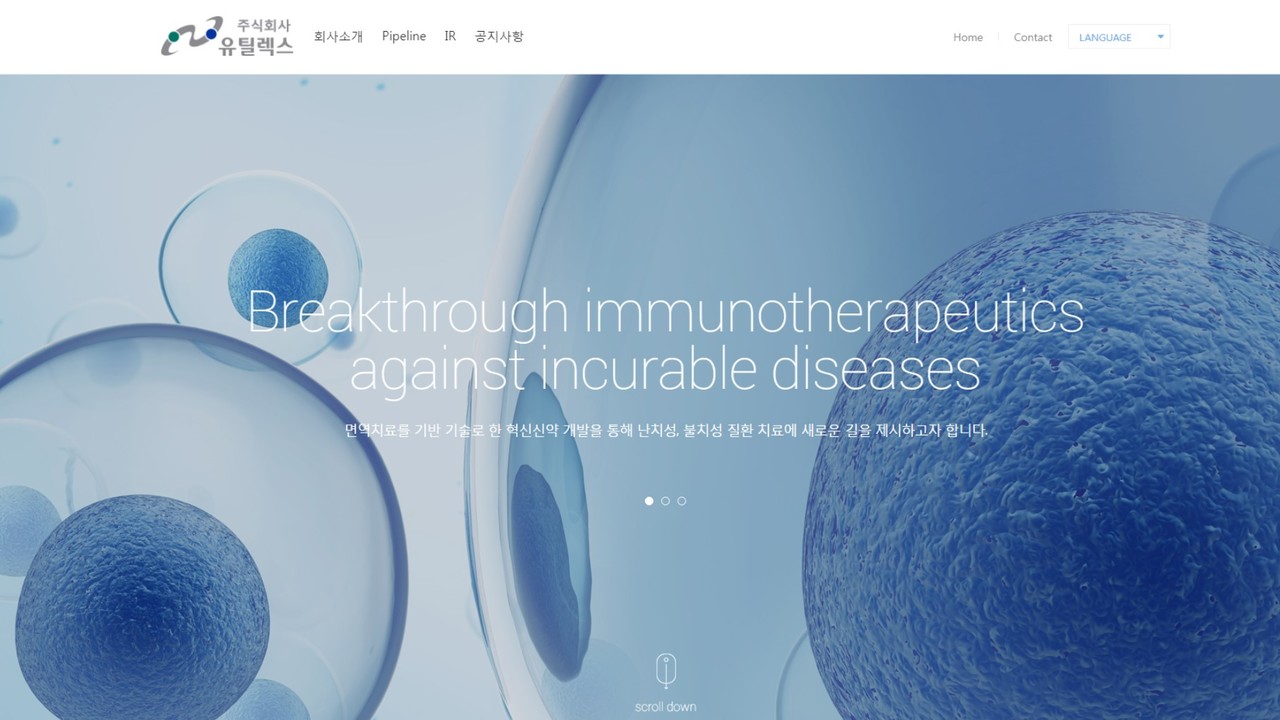 킬러T세포 치료제 '앱비앤티' 임상의 첫 환자 투약을 완료한 유틸렉스 홈페이지.