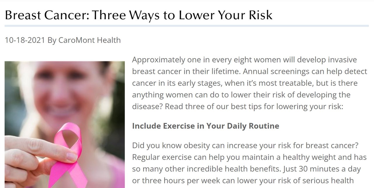 미국의 건강네트워크 그룹 'CaroMont Health'가 생활 속에서 유방암을 예방하는 방법을 소개하고 있다.