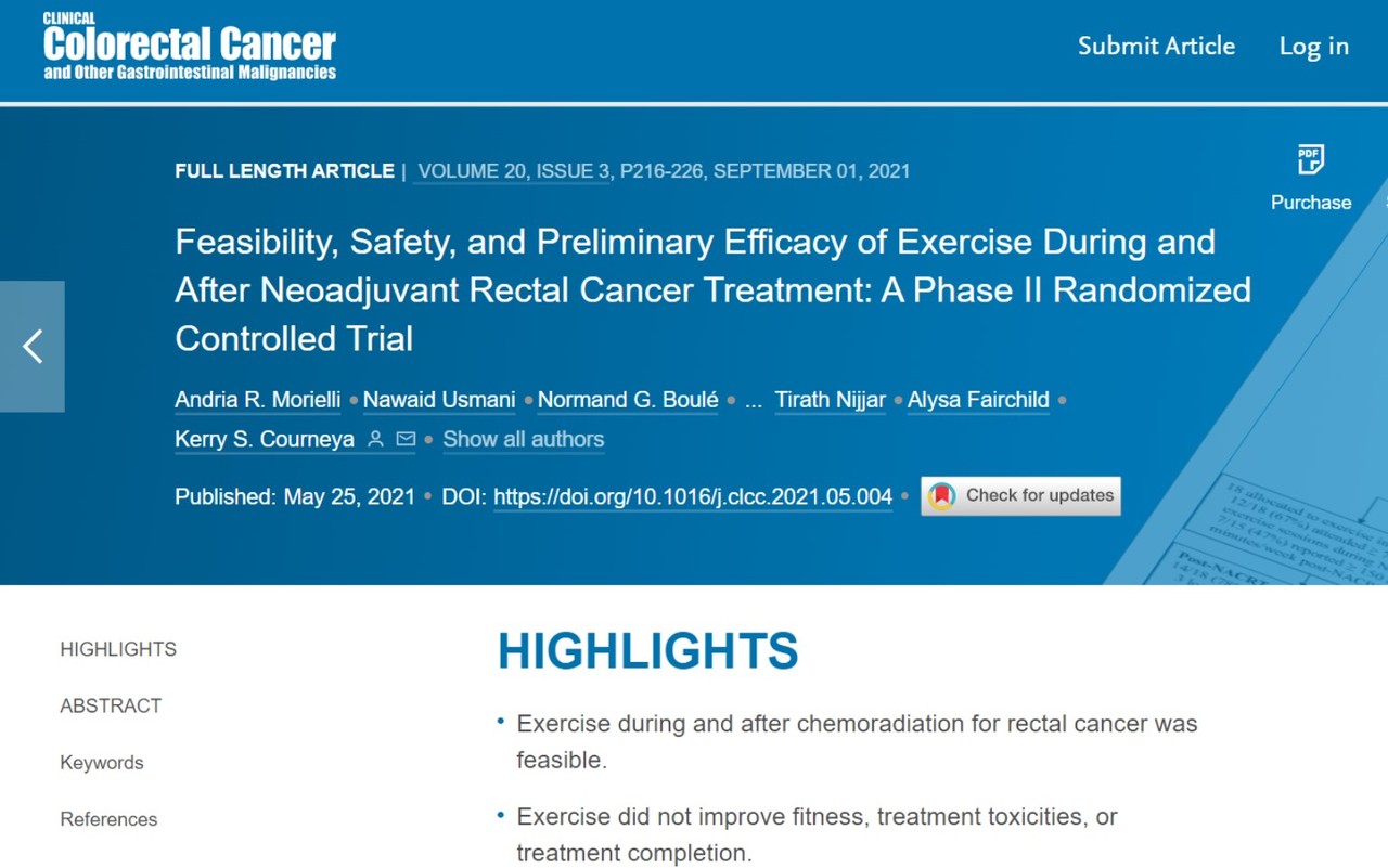 항암치료를 받고 있는 직장암 환자들에게 인터벌 달리기 훈련을 제한적으로 시킨 것만으로도 완치율이 월등히 높아졌다는 연구가 발표된 'Clinical Colorectal Cancer'.