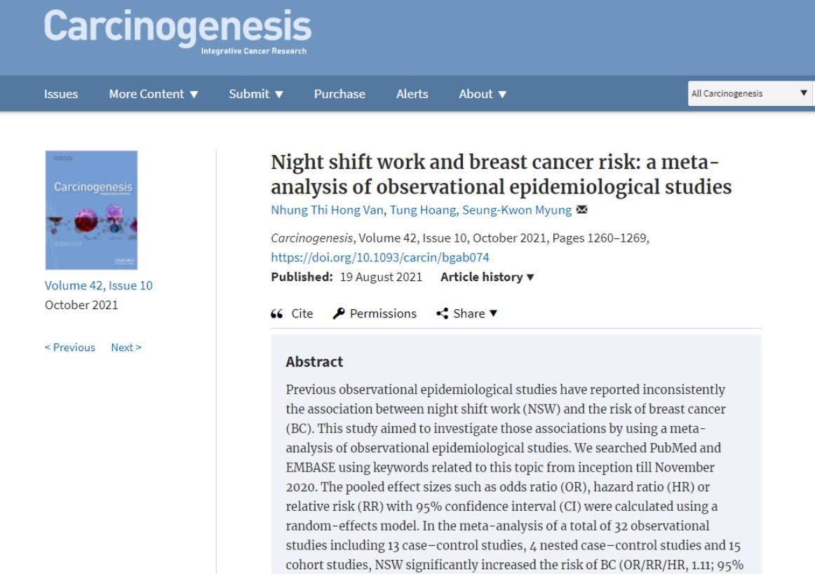 대규모의 메타분석을 통해 야간근무와 유방암의 관계가 없다고 밝힌 국립암센터 명승권 교수 연구팀의 연구가 실린 'Carcinogenesis'.
